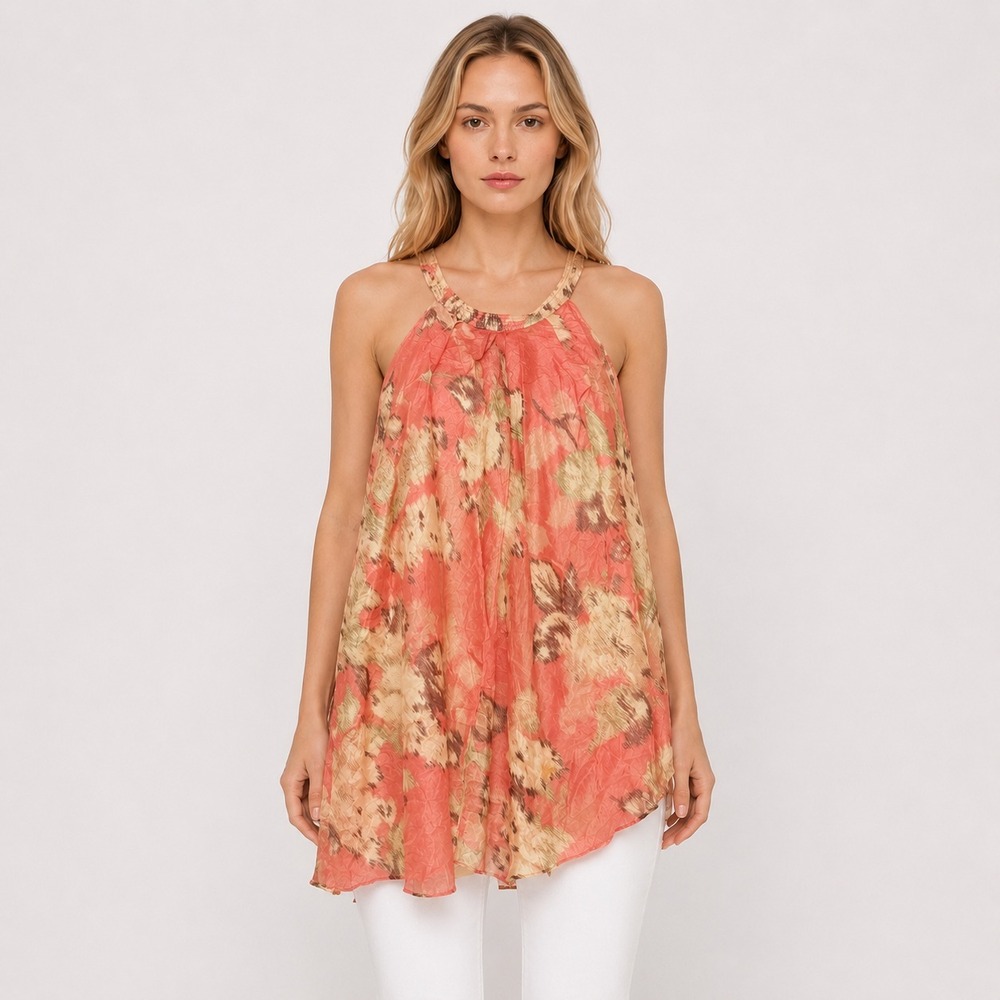 Generra 1Silk Blouse Watercolor Floral Coral Pink Lined Halter Flowy Top Medium